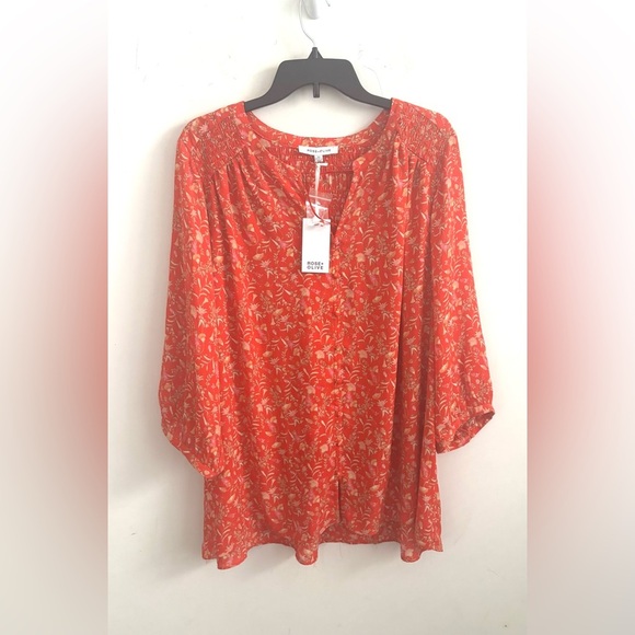 Rose+Olive Blouse Women’s Bright Orange Floral Boho  Peasant Top 3/4 Sleeve - Picture 1 of 4